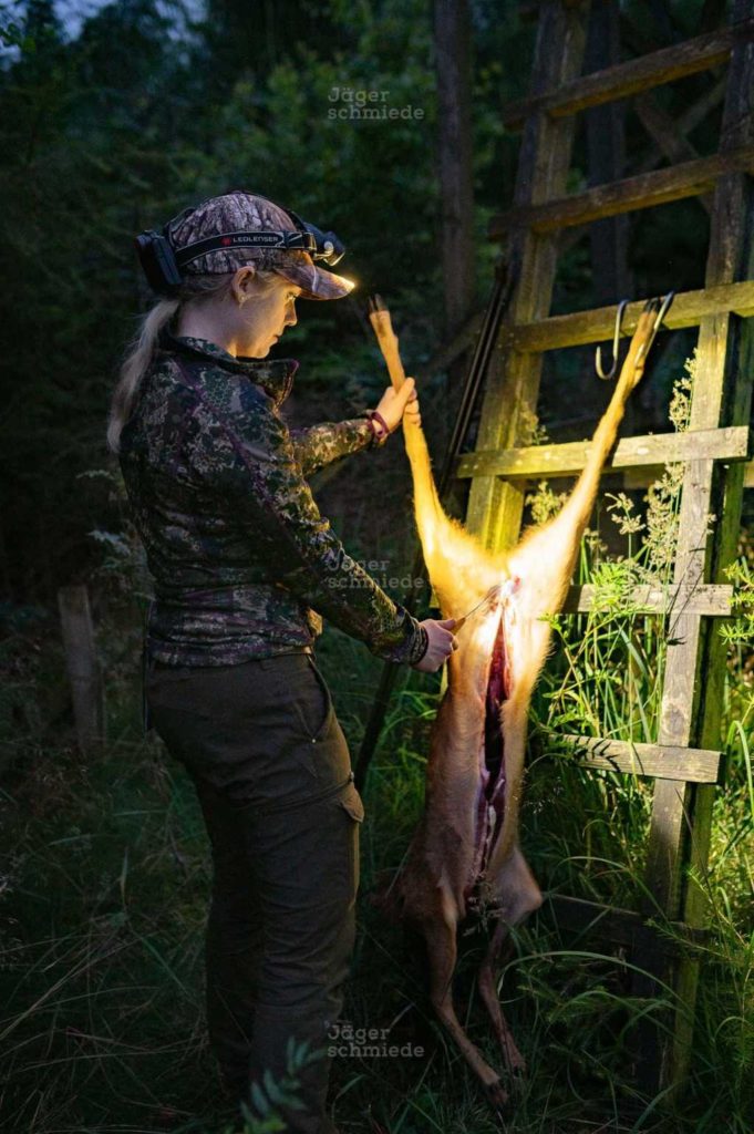 Abbildung: Jägerin beim Aufbrechen eines Stückes Rehwild im hängenden Zustand.