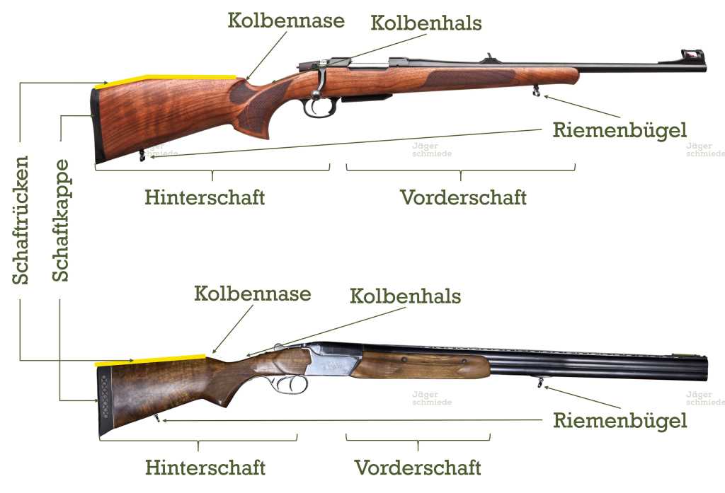 Abbildung: Schaftbestandteile eines Büchsen- und eines Flintenschaftes.